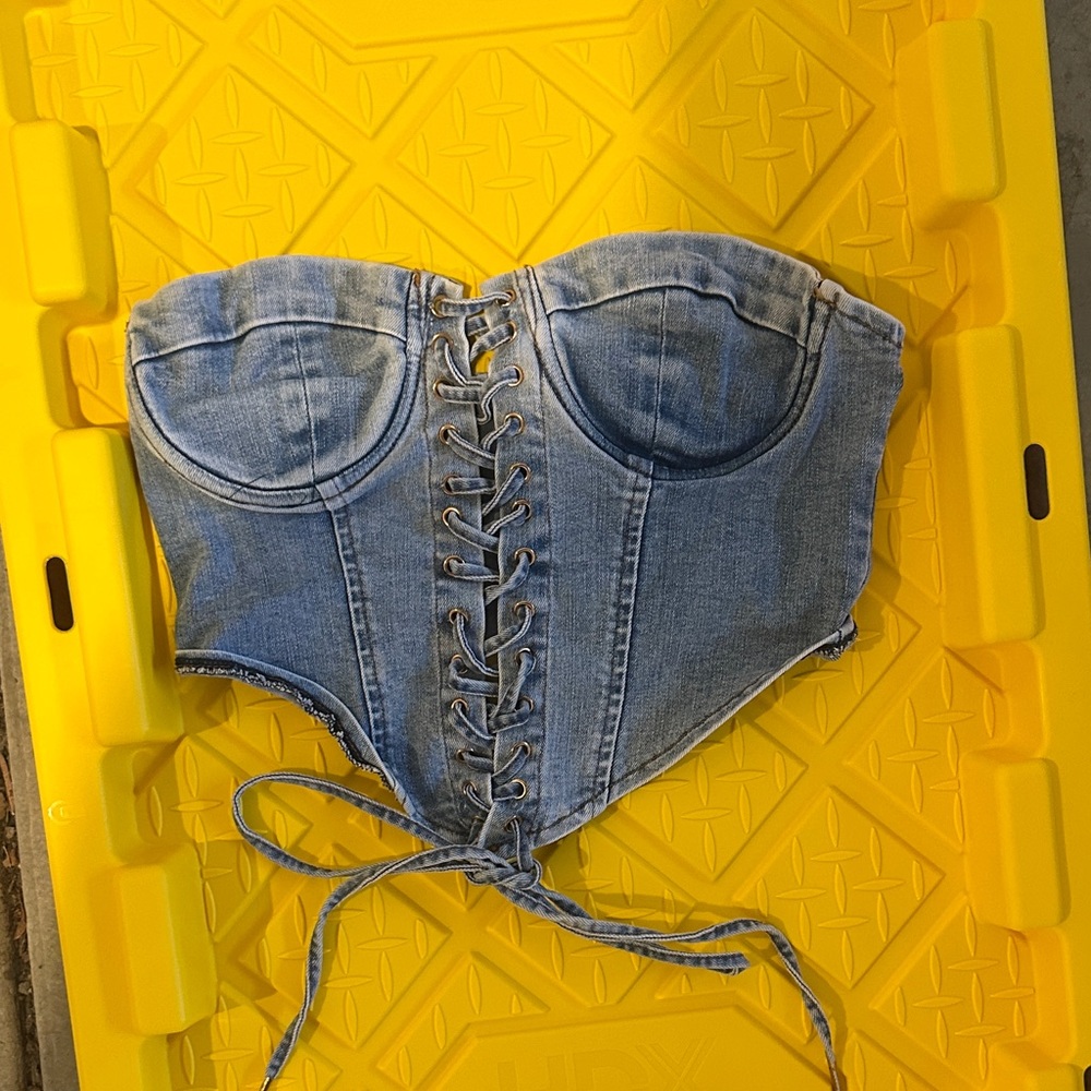 Denim Lace-Up Corset Bustier Top - Light Blue